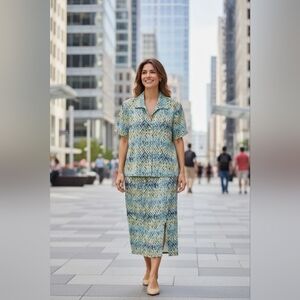 Patrick Collection Green Snakeskin Print Silk Dress And Jacket Set Size 6